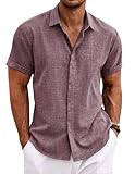 COOFANDY Men's Linen Shirts Short Sleeve Casual Shirts Button Down Shirt for Men Beach Summer Wedding Shirt Dark Red