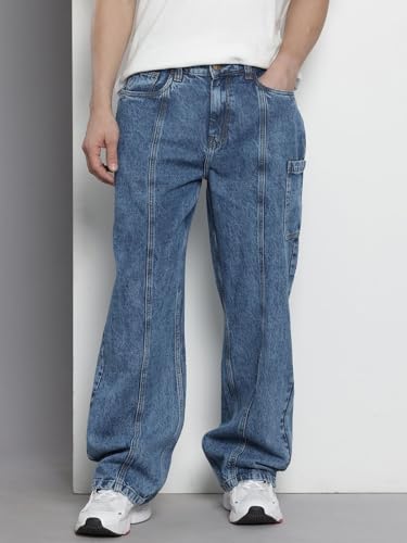 Image of The Indian Garage Co Men Loose Baggy Relaxed Fit Solid Mid-Rise Jeans