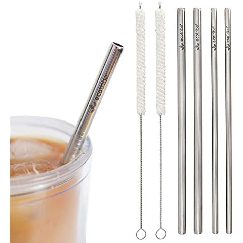 Reusable Metal Stainless Steel Straws: Replacement Set. 4 Reusable Straws + 2 Cotton Cleaning Brushes for Hot and Cold Drinks, Portable for Travel & Personal Use, 8.5 inches, by Ecotribe Cover