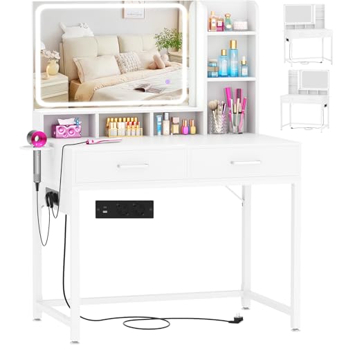 iSunirm Coiffeuse avec Miroir LED,Luminosité Réglable,Table de Maquillage avec 2 Tiroirs et 4 Étagères de Rangement,Meuble Chambre Moderne Femme,Blanc