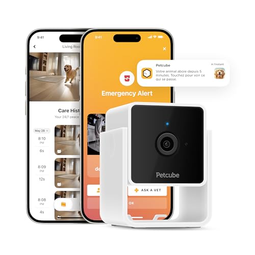 Petcube Caméra de sécurité Wi-FI pour Animaux avec téléphone App, Moniteur Audio/vidéo bidirectionnels, Vision Nocturne, vidéo HD 1080p et alertes IA