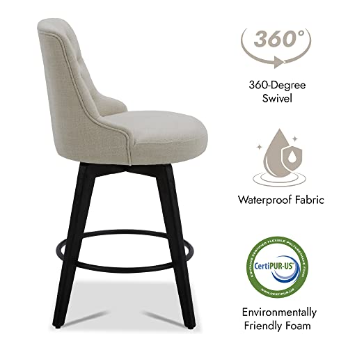 Image of Watson & Whitely Counter Height Bar Stools Swivel Barstools, Fabric Linen | Upholstered Modern Barstool with Back, Solid Wood Legs, 26 inch H Seat