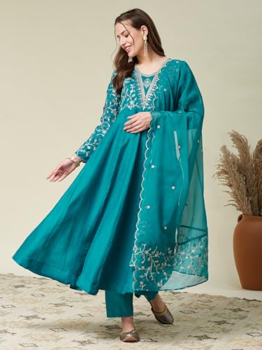 Image of MOKOSH Women's Silk Anarkali Kurta Pant with Dupatta | Anarkali Kurta Set | Embroidered | 3 Piece Outfit | Floral Ethnic Suit 4 Colour Options Available