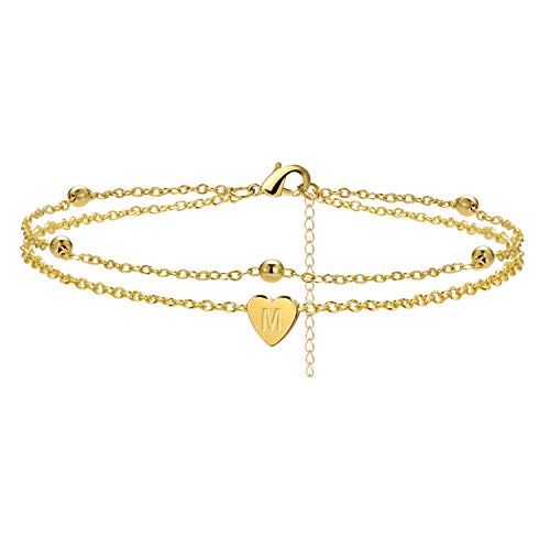 Initial Anklet Bracelets for Women Dainty Layered Beads Heart Letter Gold Ankle Bracelets for Teen Girls Foot Ankle Jewelry (M)