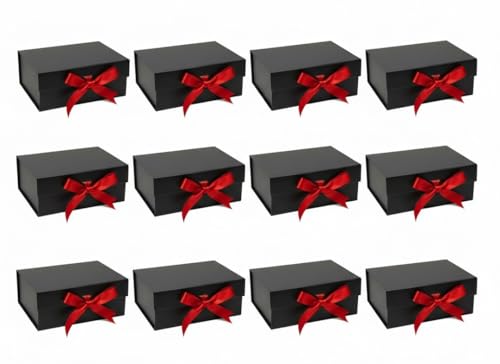 Image of Awestuffs Premium Black Gift Boxes with Red Ribbon, Decorative Gift Packaging Boxes (23 x 16 x 10 cm) for Hampers, Return Gifts, Weddings, Birthdays & Corporate Gifts (Pack of 12)