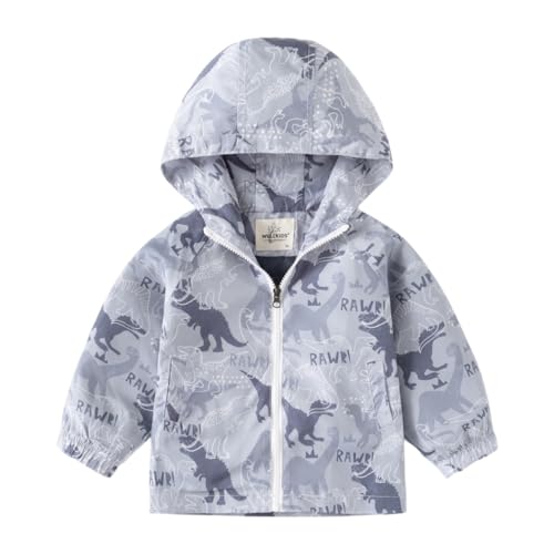 Meufam Toddler Boys Girl Cartoon Dinosaur Print Windproof Zipper Jacket Hooded Trench Long Sleeve Windbreaker Outerwear