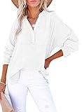 Dokotoo Womens Tops Dressy Casual Blouse 3/4 Button V Neck Long Sleeve Cotton Textured Fabrication Shirts Side Slit Solid Elegant Loose Fit Shirt Basic Ladies Tunic Tops White M