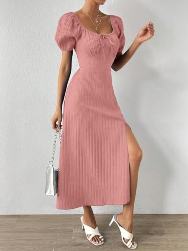 Image of Shasmi Women's & Girl's Tie Front Split Thigh Milkmaid Maxi Dress - Square Neck Puff Sleeve A-Line Long Dress, Elegant Casual & Parties Wear for Ledies (Dress 245)