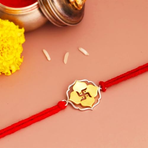 Image of KuberBox 925 Sterling Silver Blossom Swastik Silver Rakhi For Brother