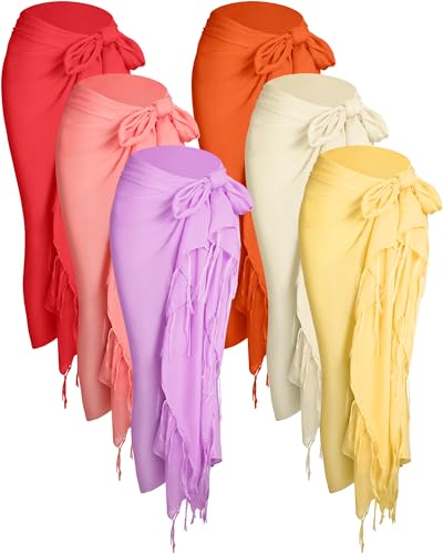 Hercicy 6 Pieces Women Beach Long Sarong wrap Coverups Batik Wrap Pareo with Tassel for Women Sarong for Beach(Bright Colors)