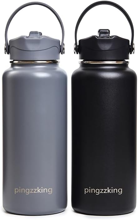 2Pack Pingzzking Insulated Stainless Steel Water Bottle, 32 oz, Double Wall, Leak-Proof Lid, BPA-Free, with Straw (2, Skyblue+Blue)