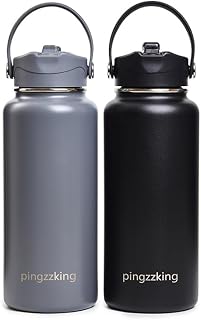 2Pack Pingzzking Insulated Stainless Steel Water Bottle, 32 oz Double Wall, Leak-Proof Lid, BPA-Free, with Straw (2, Black+Grey)