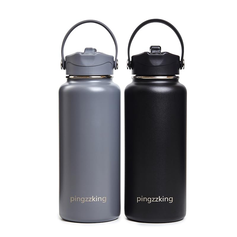 2Pack Pingzzking Insulated Stainless Steel Water Bottle, 32 oz Double Wall, Leak-Proof Li…