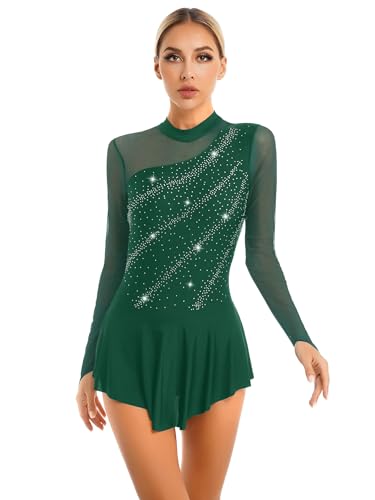 CHICTRY Eiskunstlauf Kleid Damen Wettkampf Langarm Strass Glitzer Rollschuhkleid Stehkragen Ballettkleid Mit Asymetrisch Wickelrock Dancewear Grün S