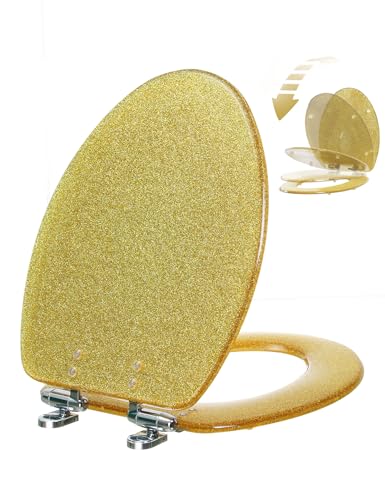 Angol Shiold ELONGATED Gold Glitter Resin Soft Close Toilet Seat 18.5Inch
