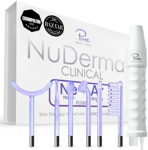 NuDerma Clinical Skin Therapy Wand - Portable Skin Therapy Machine w 6 Fusion Neon + Argon Wands – Anti Aging - Clarifying - Skin Tightening & Radiance - Wrinkle Reducing