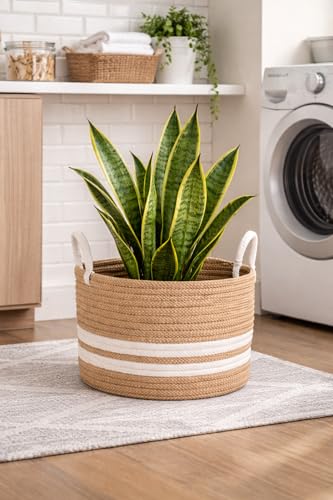 Image of RUGSZONE Jute & Cotton Big Size Basket for Storage, Clothes, Kitchen (1 Piece with Handle, Beige-White, 35x30 cm) - Round Woven Handcrafted Basket for Toys, Wardrobe, Plants (Large 35x30)