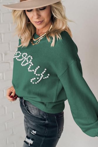 Women's Blackish Green Pearl Beaded Merry Christmas Casual Sweater3