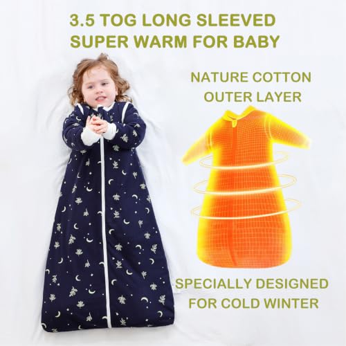 Image of Baby Sleep Sack 3.5 TOG Cotton Moonlight Leaves L | 100% Cotton thick winter baby sleep sack with detachable sleeves, gentle on baby's skin, warm cozy sleep comfort for 18-36M