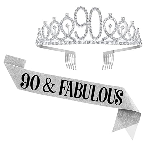 90th Birthday Sash and Tiara for Women, 90 & Fabulous Sash and Tiara Birthday Crown, Happy 90th Birthday Gifts for Queen Woman Party Favors Supplies and Decorations, Silver Cover