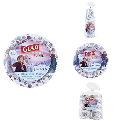 Glad Disney Frozen Kids Bundle: Paper Plates (40, 8.5 Inch), Cups (24, 9oz), Bowls (40, 12oz), Snack Bowls (32, 6oz) featuring Anna and Elsa for Everyday Use