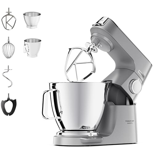 Kenwood Titanium Chef Baker XL, máquina de cocina con batidor K, batidora de pie con gancho para amasar, batidor y cuenco de 6,7 L, KVL85.004SI Power 1200W, plata