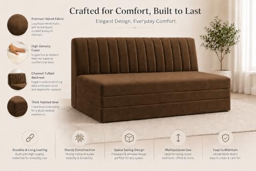 Image of Three Seater Sofa Bed, Velvet Fabric Foldable Sofa Cum Bed with Soft Foam Cushioning, Convertible Floor Couch for Living Room, Guest Room & Home Use (Brown, Pre-Assembled)