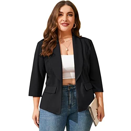 ShopWonder Womens Plus Size Casual Pocketed Blazer Office Open Front 3/4 Sleeve Cardigans Jacket Work Suit, XX-Large, Black1