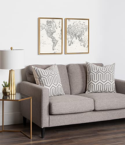 Kate And Laurel Sylvie Black And White Modern Retro World Map Framed Canvas Wall Art Set By The Creative Bunch Studio, 2 Piece 18X24 Gold, Vintage Map Art For Wall #TOP1