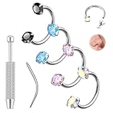 BCZR Anillo de nariz de plata, 4 piezas (6 mm, 8 mm, 10 mm), piercing de herradura de circonita, anillo de piercing para labios y de hélix con herramienta