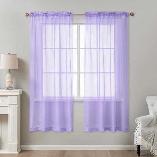 Image of Purple Sheer Curtains 72 Inches Long, Privacy Semi Sheer Curtains for Living Room Bedroom, Light Filtering Rod Pocket Voile Window Drapes 2 Panels Set, Each 42 inch W x 72 inch L