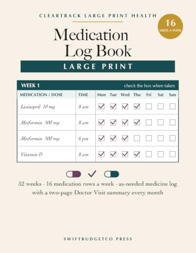 Medication Log Book: Large Print Weekly Medication Tracker for Seniors, Adults and Caregivers | 52 Checkbox Charts with As Needed Medicine Log, Refill ... Record (ClearTrack Large Print Health Logs)