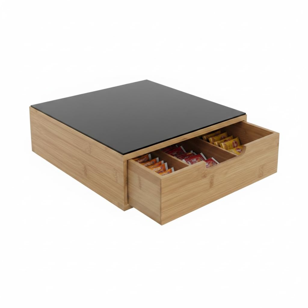 Cassetto Portacapsule e Cialde in Bambù con Piano in Vetro Temperato – Organizer Caffè Salvaspazio per Capsule e Accessori, Compatibile con Macchine da Caffè, 30x30x10 cm (Nero)