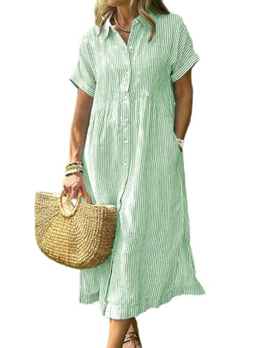 chouyatou Women's Summer Striped Midi Long Shirt Dress Casual Loose Short Sleeve Button Down Dress...