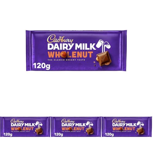 Cadbury Dairy Milk Whole Nut, Tableta De Chocolate Con Leche y Avellanas, Deliciosa y Cremosa, 120 g (Paquete de 4)