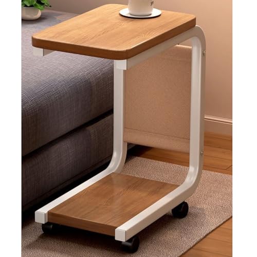 C-Shaped Side Table with Wheels, End Table with Storage Bag And Storage Shelf, Narrow Bedside Table, Sofa End Table with Magazine Pocket for Bedroom Living Room Couch,White