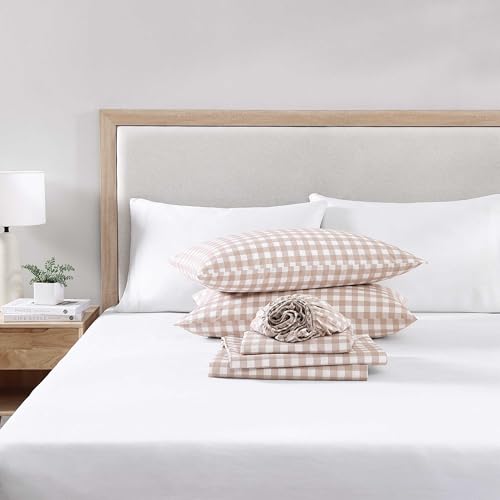 Image of Stone Cottage - Sheet Set, Crisp & Breathable Percale Cotton Bedding with Matching Pillowcases, 200-Thread Count, Deep Pocket, Vintage Inspired Home Essentials (Cottage Check Beige, King)