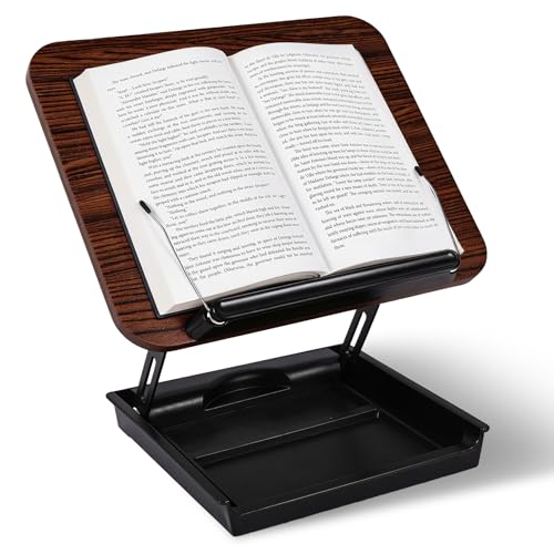 Wooden Book Stand for Reading with Storage Box Non-Slip Base, Adjustable Height & Angle, Foldable Desktop Riser with Page Clip, Hands Free Book Holder for Kitchen Counter, Cookbook, Recipe, Laptop