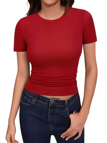 Missufe Women's Crew Neck Short Sleeve Ribbed Knit Slim Fit Summer Casual Basic T Shirt Crop Top 2025 Trendy Y2k Outfits