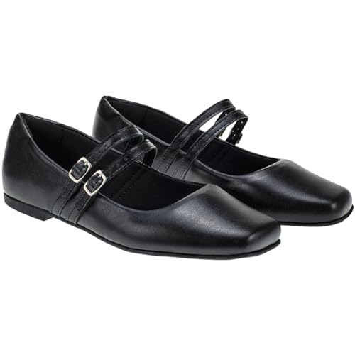 Sapatilha Feminina Boneca Balé Bico Quadrado Sapato Mary Jane Casual Original 190 (Preto, BR, Adulto