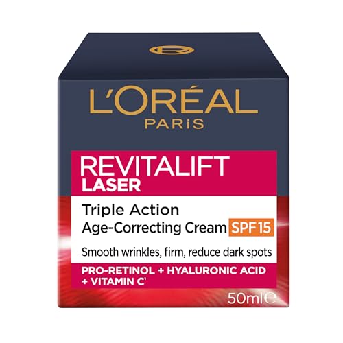 L'Oreal Paris Revitalift Laser Triple Action Anti-Ageing Day Cream SPF 15 50ml, Face Moisturiser with Pro-Retinol, Hyaluronic Acid & Vitamin C, to Smooth Wrinkles, Firm & Brighten Skin, UV Protection