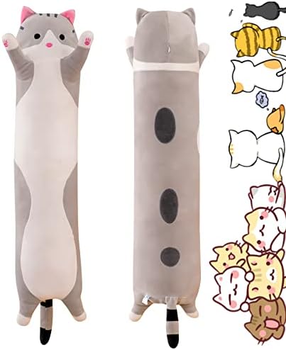 Rexinc Long Cat Plush Pillow Toy Sleeping Pillow Cute Cartoon Cat Stuffed Animals Soft Long Body Pillow Gift for Kids(35.43in,Gray)