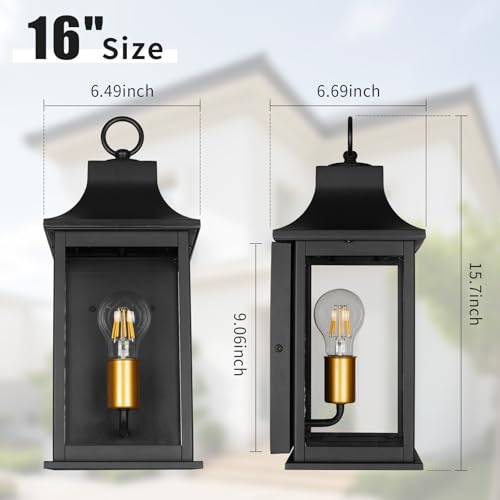 Image of JYZ 16 inch Outdoor Wall Lantern, Exterior Wall Sconce Lighting Fixture, Anti-Rust Aluminum with Clear Glass Outside Wall Lamp, E26 Socket Matte Black Exterior Wall Lights for Garage, Front Door, Patio