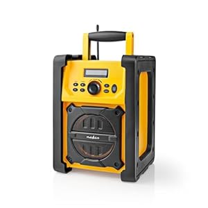 Nedis Job Site FM Radio with Bluetooth, IPX5 Water Resistant Portable Heavy Duty Speaker with AUX In, 20 Presets & Carry Handle, Battery or Mains Powered - Yellow