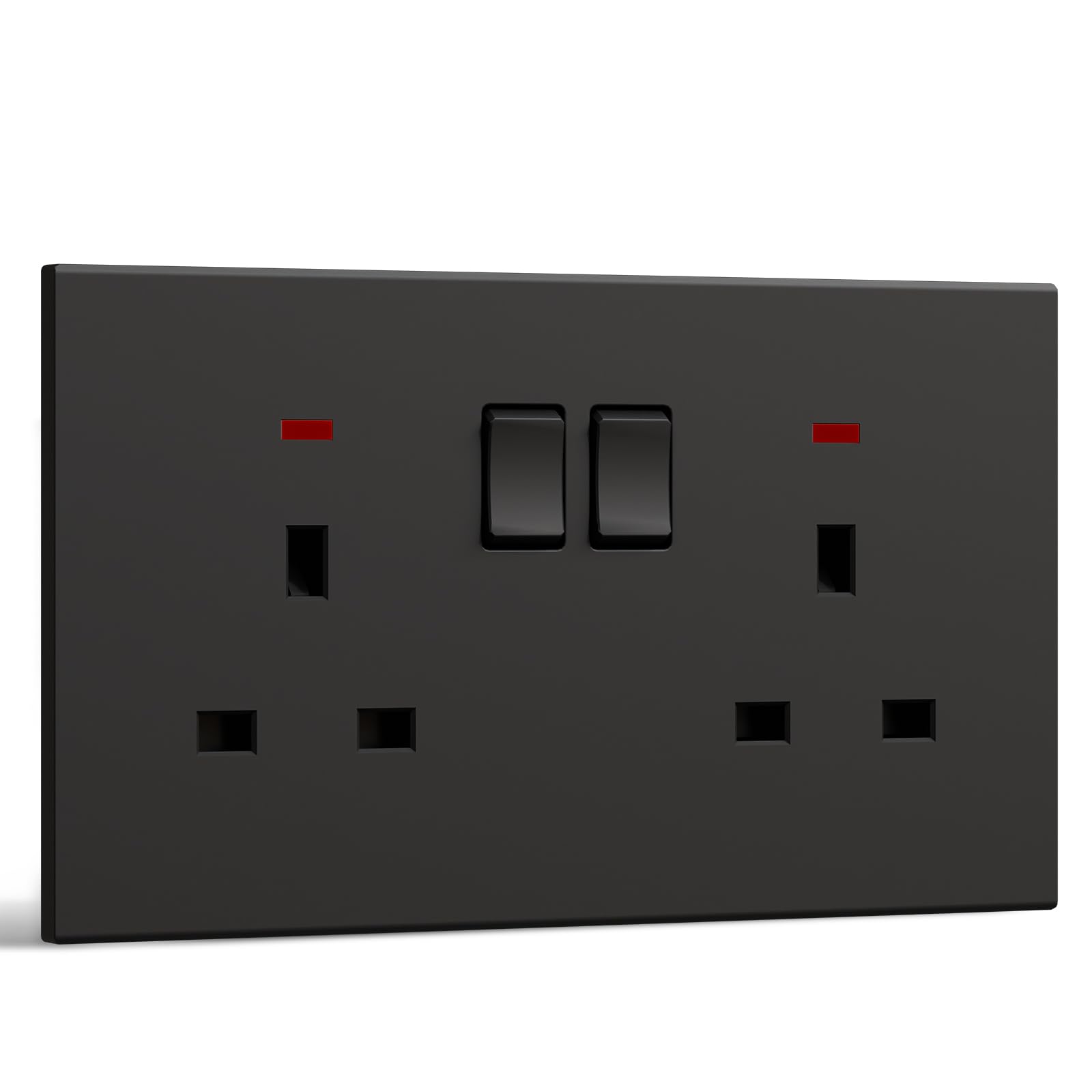 BSEED Double Socket, Electrical Double Switched Power Plug Wall Socket with LED Indicator, PC Wall Plate Outlet, Black, 13A
