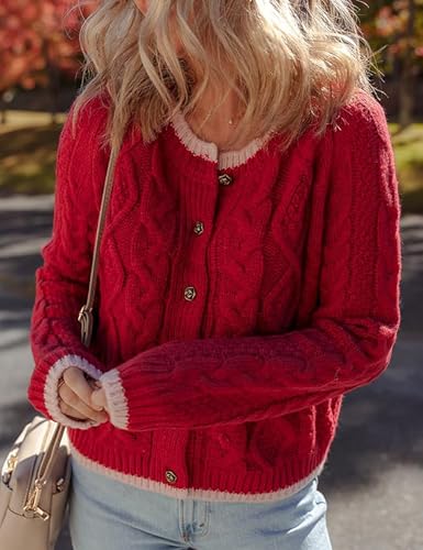 Image of Watashi Long Sleeve Sweater for Women Casual Button Up Colorblock Cable Knit Round Neck Fall Winter Cardigans Coats (US, Alpha, X-Small, Regular, Regular, Red)