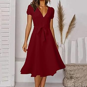 Women Casual Dress Summer Dress V Neck Solid Color Polka Dot Print Dress  Short Sleeve Lace Up Tie Dress New Years Eve Dresses Women, Wine-d, L :  Amazon.ie: Fashion