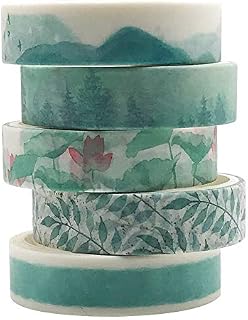 Green Basic Washi Tapes Set, ZMLSED 5 Rolls 10mm Wide Spring Plant Japanese Masking Decorative Tapes for Bullet Journal Planners DIY Decor Crafts Arts Scrapbooking Adhesive