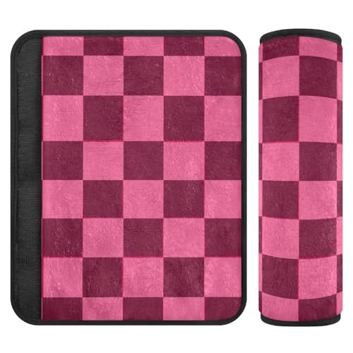 Image of Checkered Hot Pink Seat Belt Cover Pad 2 Pcs Soft Cute Seatbelt Covers Protector Support Head Neck Shoulder Strap for Car Seats High Chair Backpack for Adults Kids Women Men 10x7.7In 2 Pack