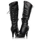 Bellmora Peggy-01 Women's Knee High Vegan Round Toe Lace Up Style (Full Zip) Slouched High Heel Boot (Black 7.5 B(M) US)